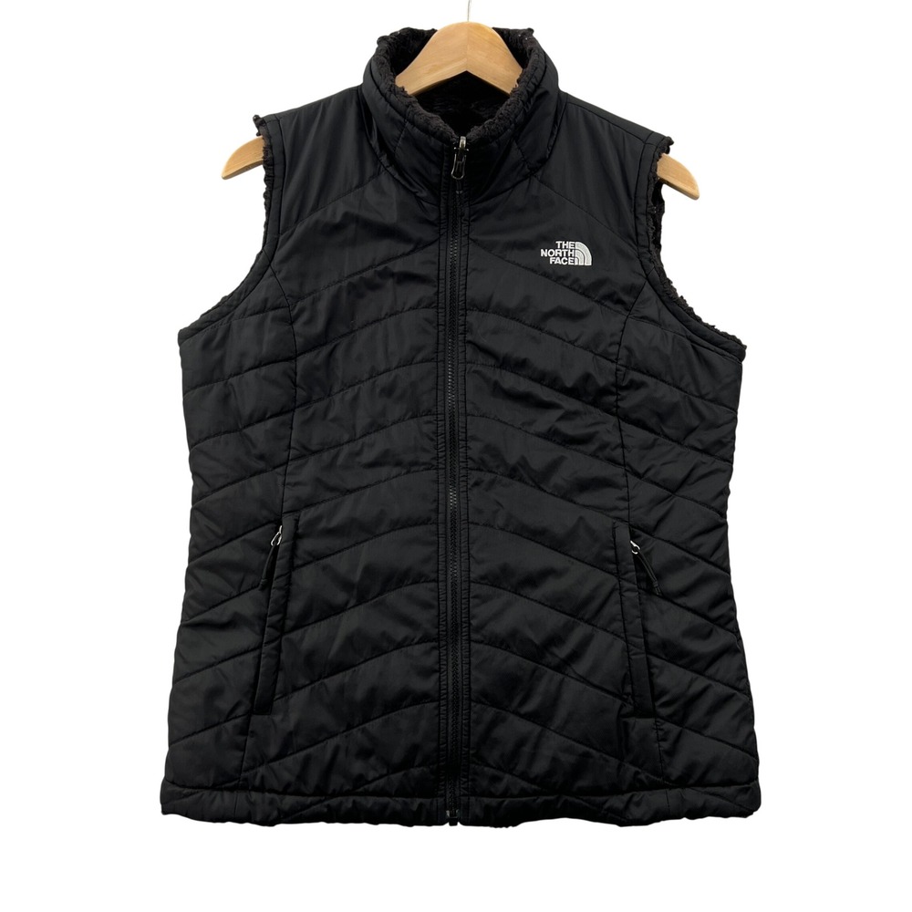 The North Face Mossbud Swirl Vest Women M Black Reversible Quilted Fleece Gorp